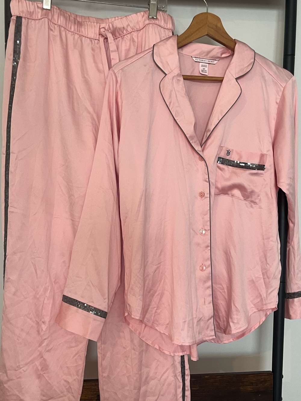 Victoria's Secret Pink Satin Pajama Set with Silver Sequin Trim